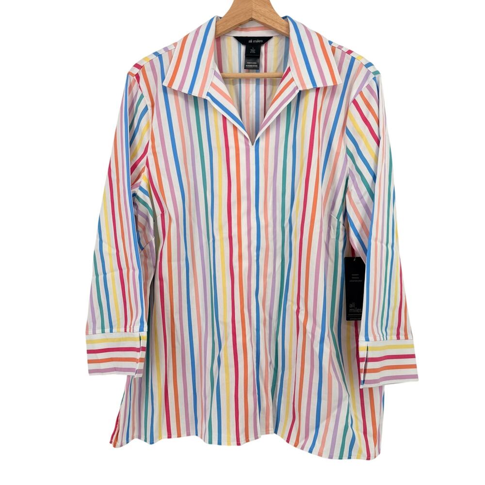 Ali Miles Colorful Striped 3/4 Sleeve Pullover Collar Shirt Top Size Large